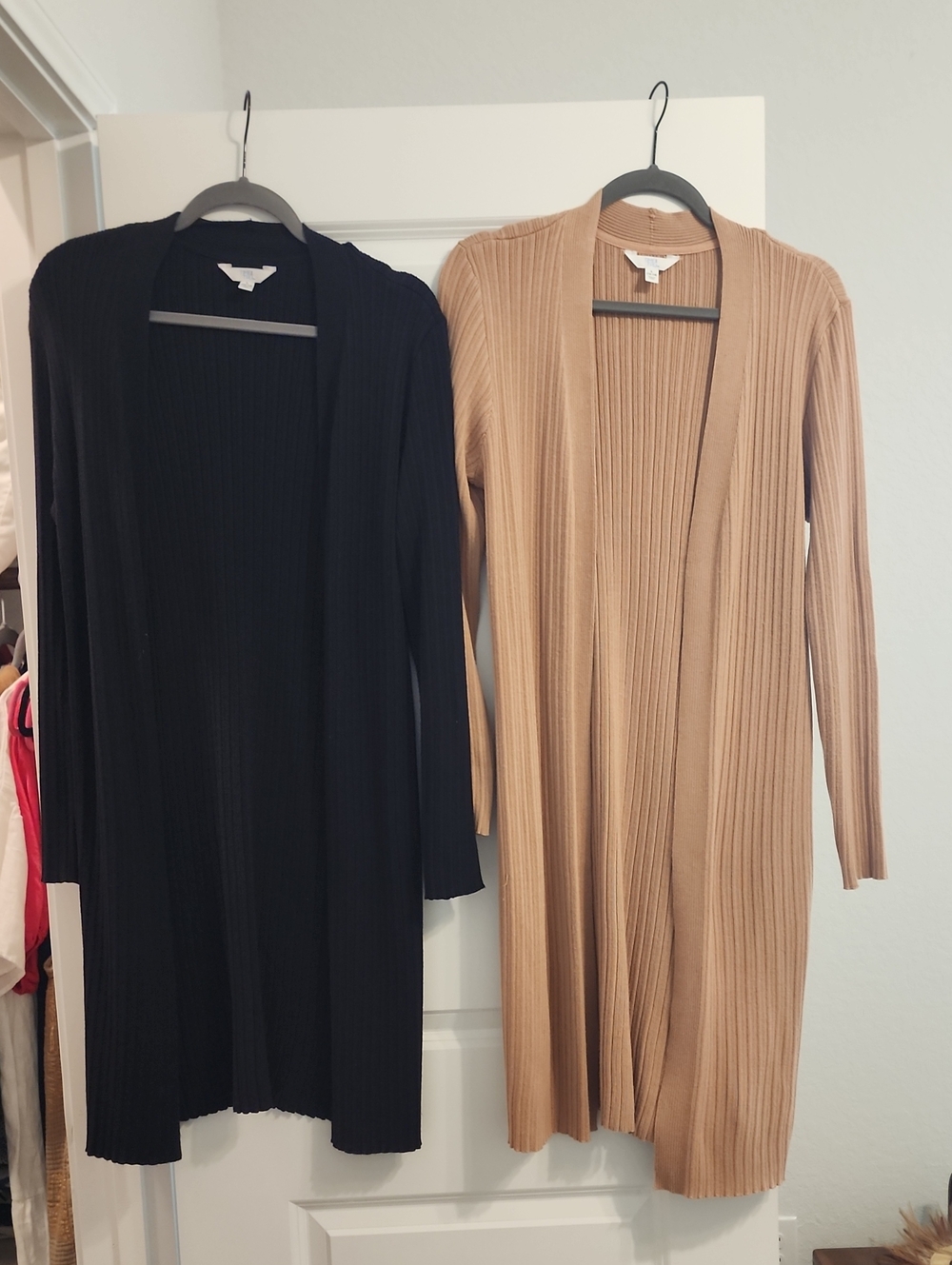 (2) Ribbed Open-Front Long Cardigan Sweater - Black & Camel Large (12-14)